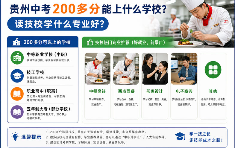 贵州中考200多分能上什么学校?读技校学什么专业好?