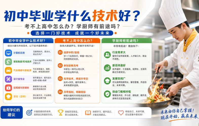 初中毕业学什么技术好？考不上高中怎么办？学厨师有前途吗？